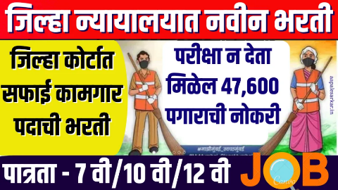 जिल्हा न्यायालयात नवीन भरती: जिल्हा कोर्टात सफाई कामगार पदाची भरती पात्रता- 7वी/10वी/12वी परीक्षा न देता मिळेल 47600 पगाराची नोकरी